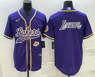 Men's Los Angeles Lakers Purple Big Logo With Patch Cool Base Stitched Baseball Jersey